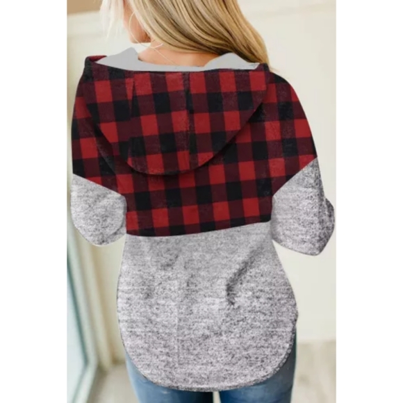 ❤LAST ONE Red Plaid Spliced Pocketed Gray Hoodie - Picture 2 of 5